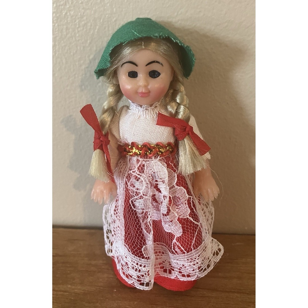 Dutch Scandanavian 4" Girl Doll with Red Dress/Lace Overlay - Eyes Open/Close